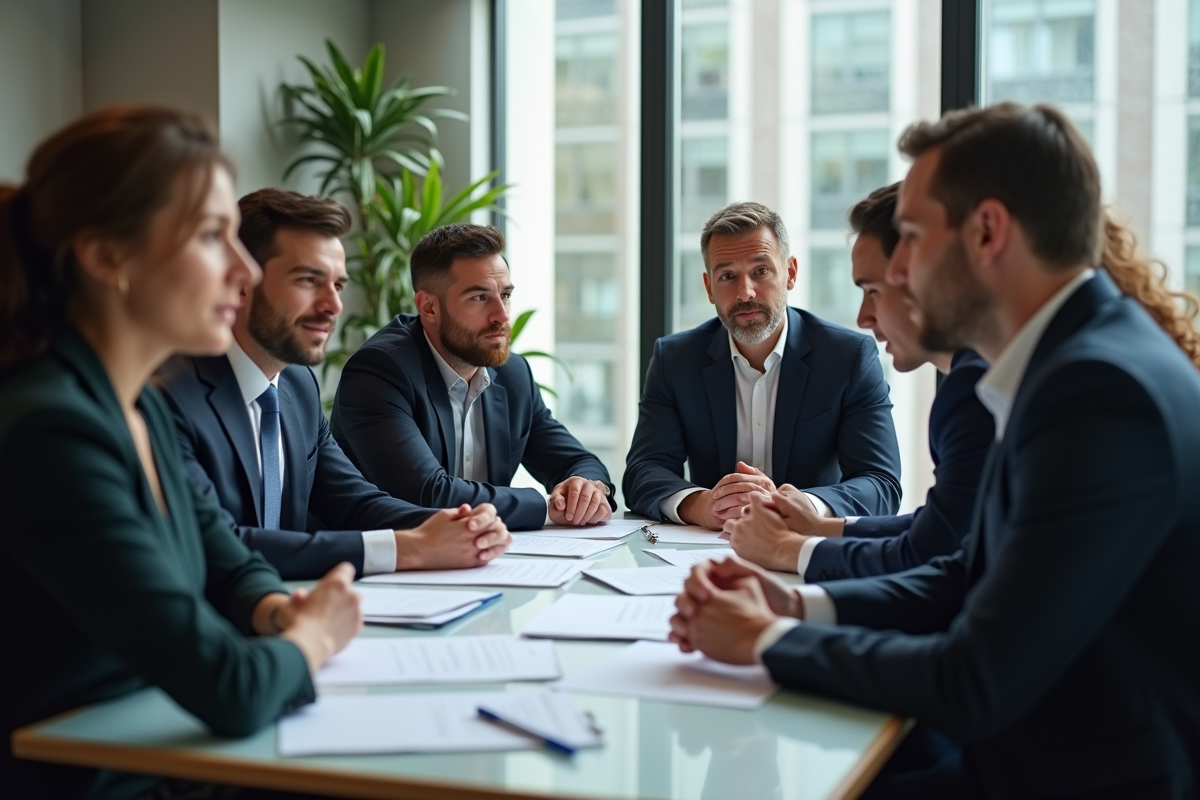 Groupe d'adultes divers en réunion de travail en français et anglais