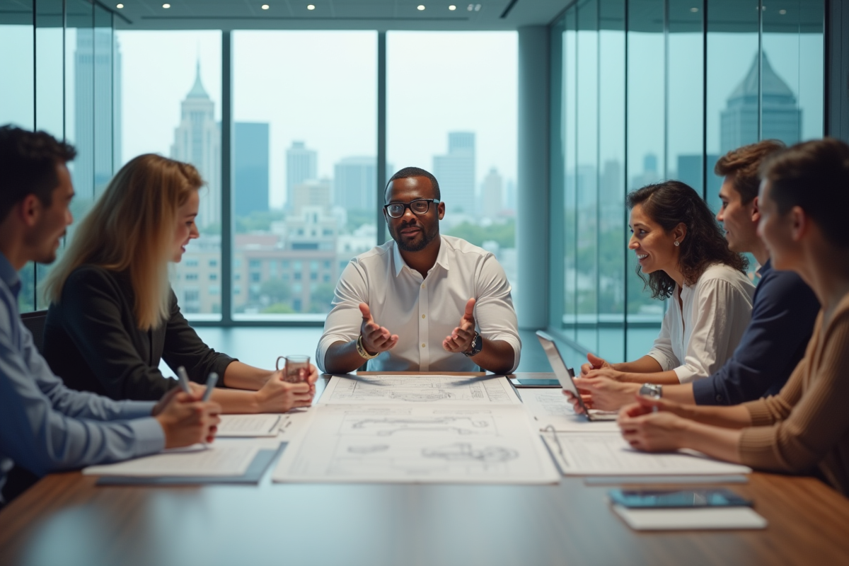 Équipe diverse en réunion dans un bureau moderne