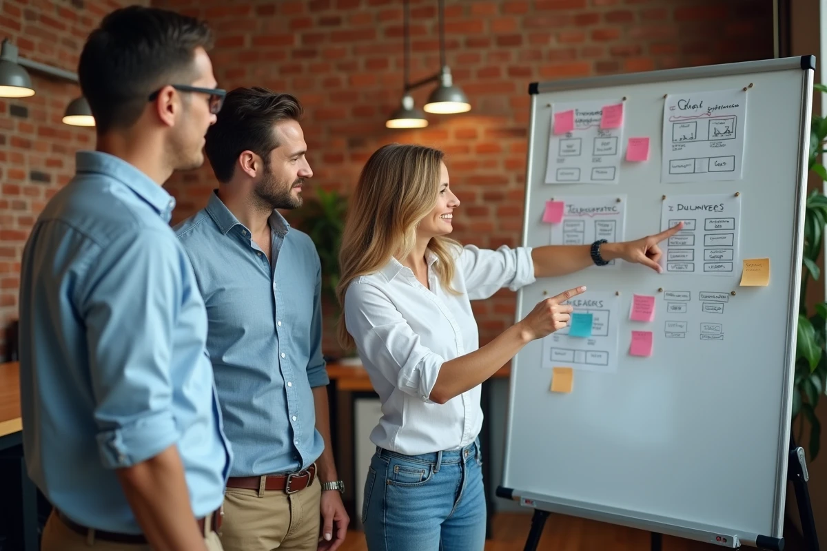 Réunion stratégique d'équipe autour d'un tableau de bord clients vérifiés dans un espace de coworking