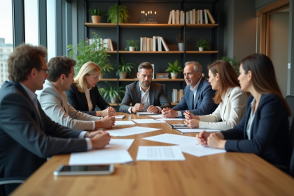 Groupe de professionnels autour d'une table en r&eacute;union