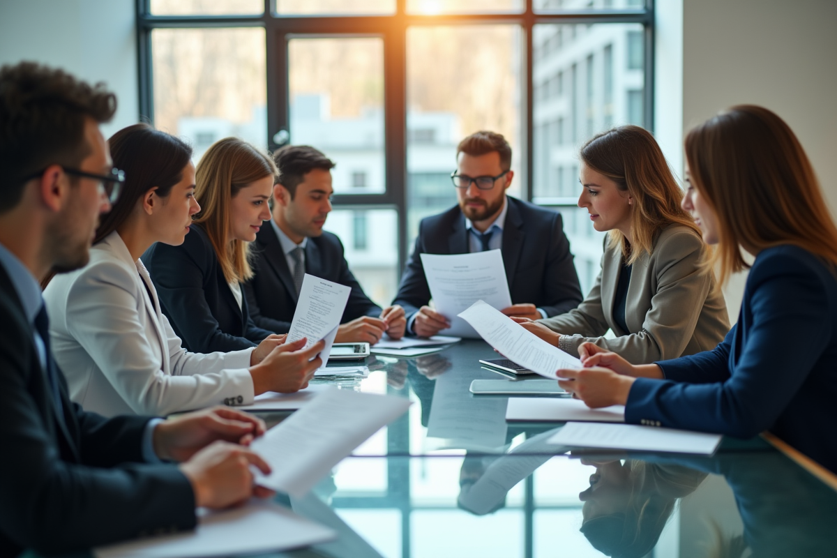 Professionnels en réunion brainstorming dans un espace lumineux