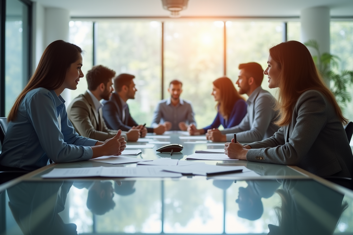 Groupe de professionnels en réunion dans un bureau lumineux