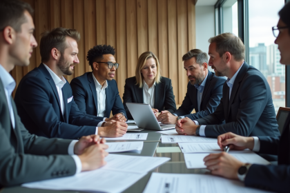 Groupe de professionnels en r&eacute;union de travail