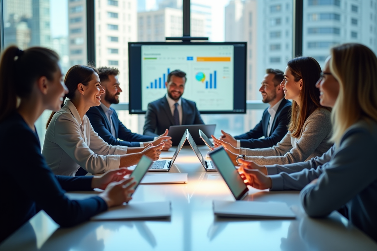 Groupe de professionnels autour d'une table avec tablettes et graphiques