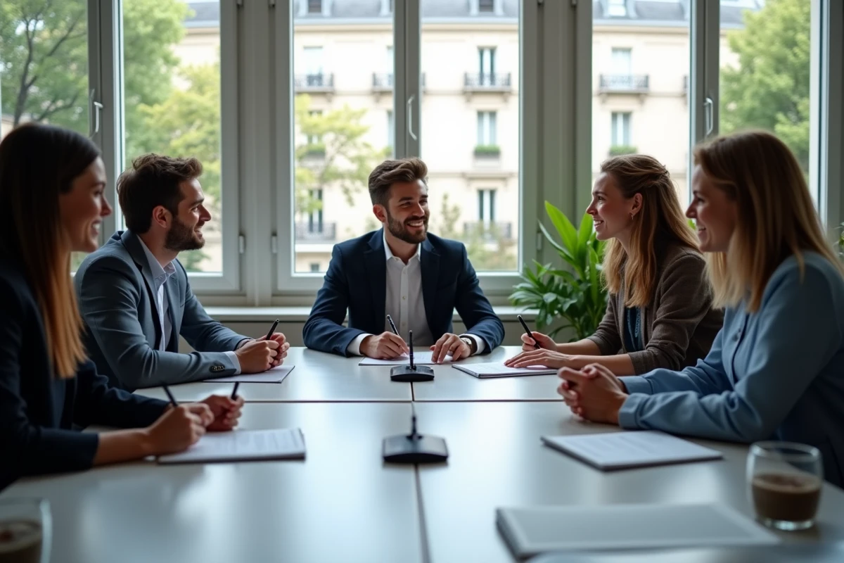&Eacute;quipe de fondateurs fran&ccedil;ais en r&eacute;union dans un bureau moderne