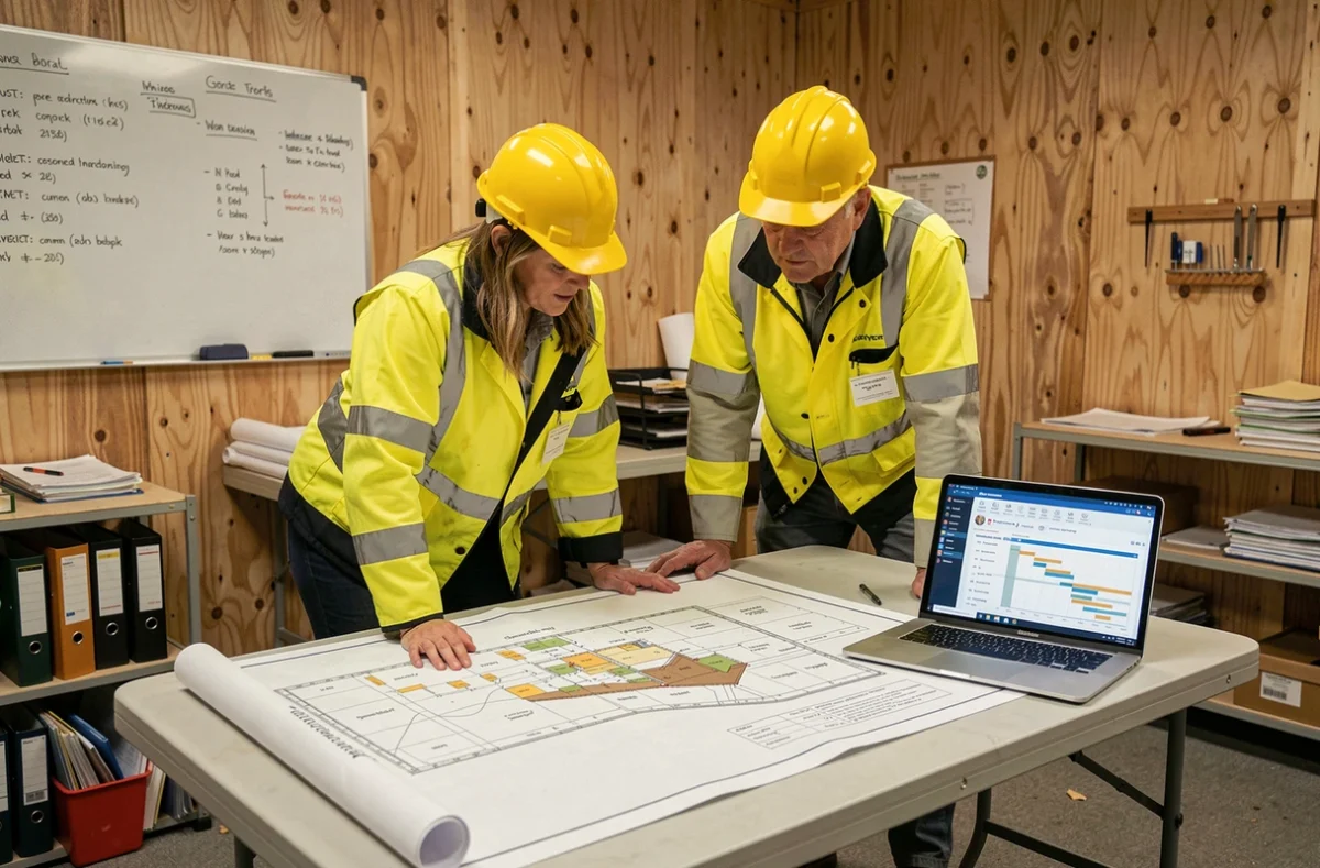 Deux professionnels BTP analysant un plan de chantier et un logiciel de gestion sur ordinateur portable dans un bureau de chantier temporaire