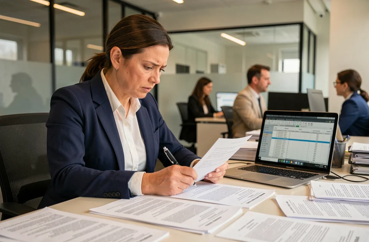 Femme d'affaires scrutant des contrats suspects sur son bureau, illustrant les risques d'une collaboration professionnelle douteuse