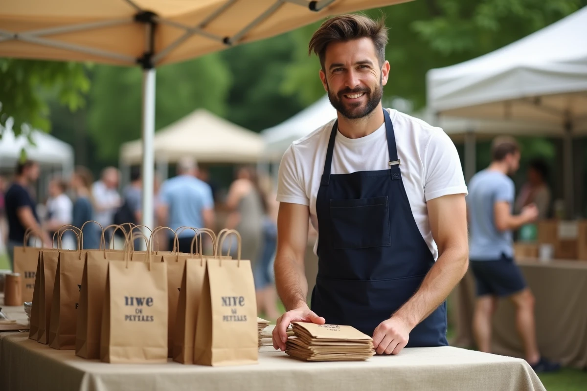 Vendeur disposant des sacs papier personnalisés en petite série sur un stand de marché artisanal en plein air