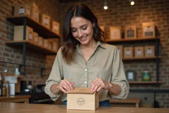 Femme artisane tenant un sac papier personnalisé kraft dans une boutique en bois, illustration du packaging sur mesure en petite quantité