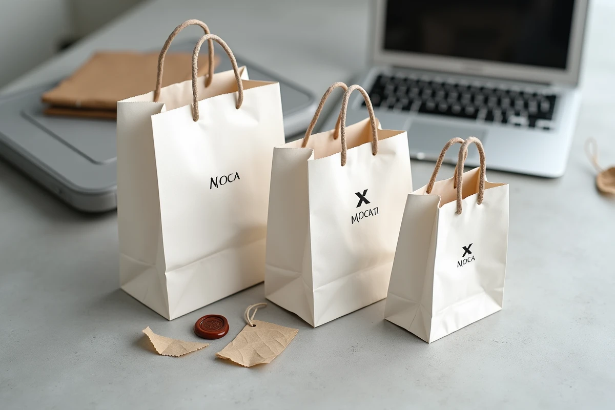 Vue en plongée de sacs papier personnalisés en petite quantité avec logos imprimés sur fond béton gris, packaging minimaliste pour petite entreprise