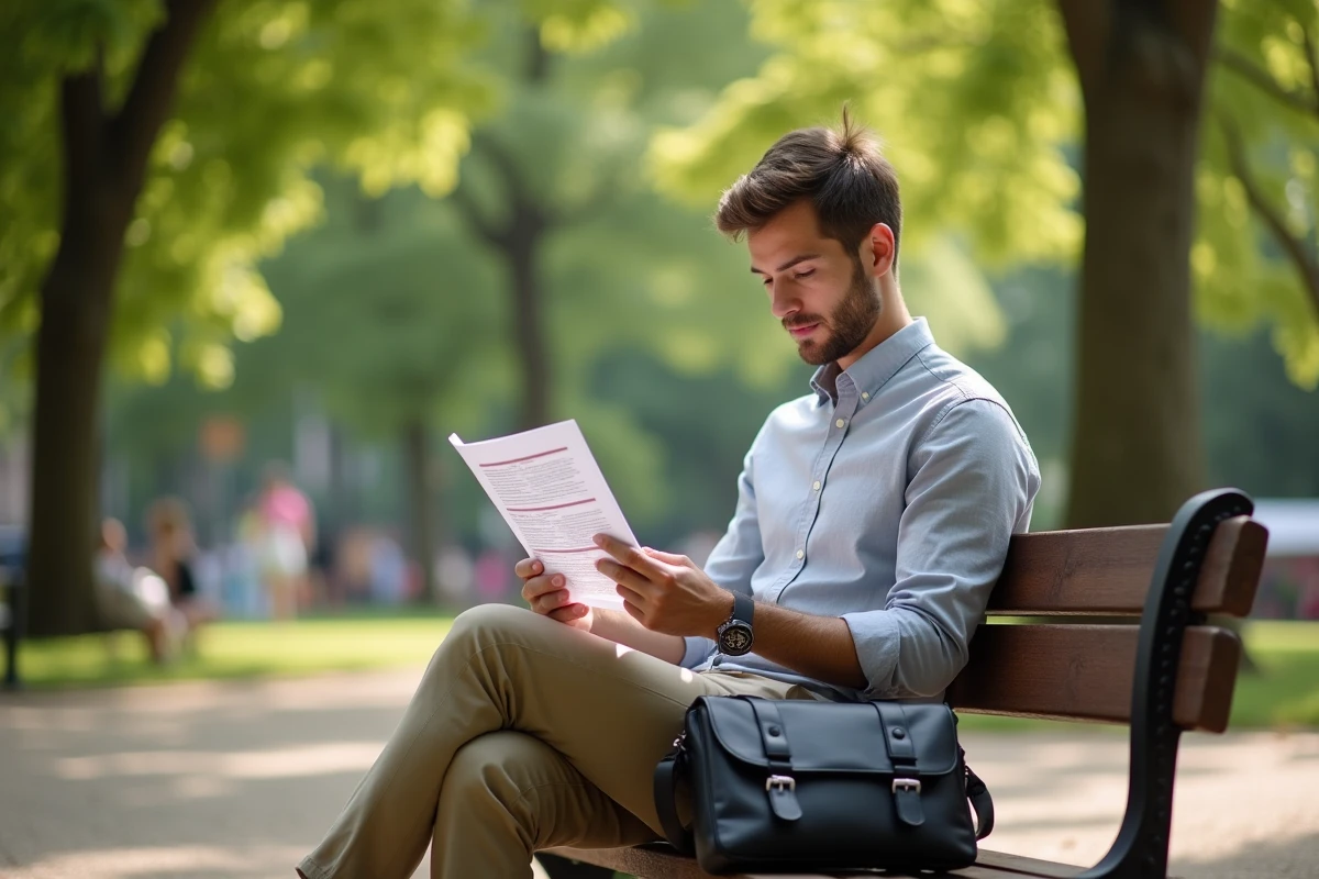 Jeune salarié lisant une brochure sur ses droits en matière de congés d'été dans un parc urbain en été