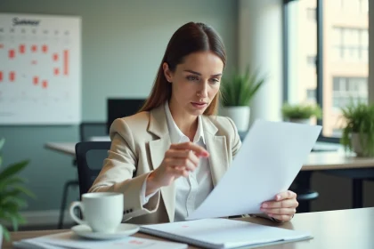 Salariée en bureau examinant des documents relatifs à son congé d'été obligatoire, calendrier de juillet visible en arrière-plan
