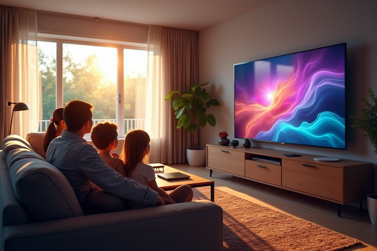 Salon moderne avec famille regardant la télévision