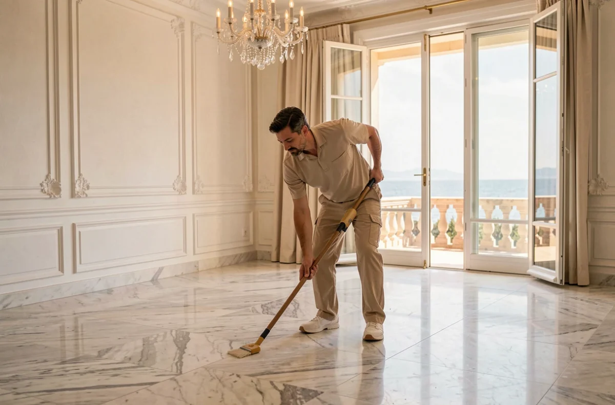 Agent d'entretien polissant le sol en marbre d'une villa de luxe à Cannes, prestation de nettoyage Saphir Nettoyage