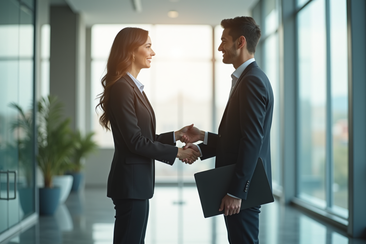 Deux professionnels se serrant la main dans un bureau lumineux