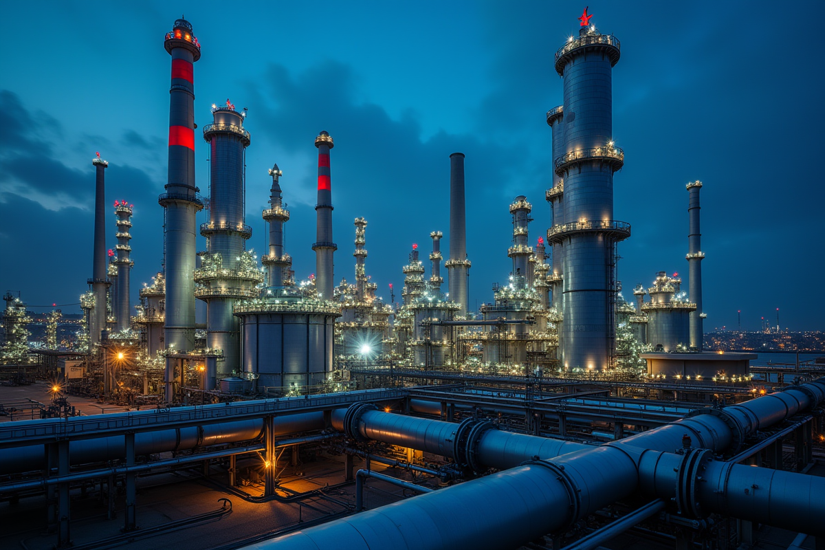 Site industriel illuminé au crépuscule avec cheminées