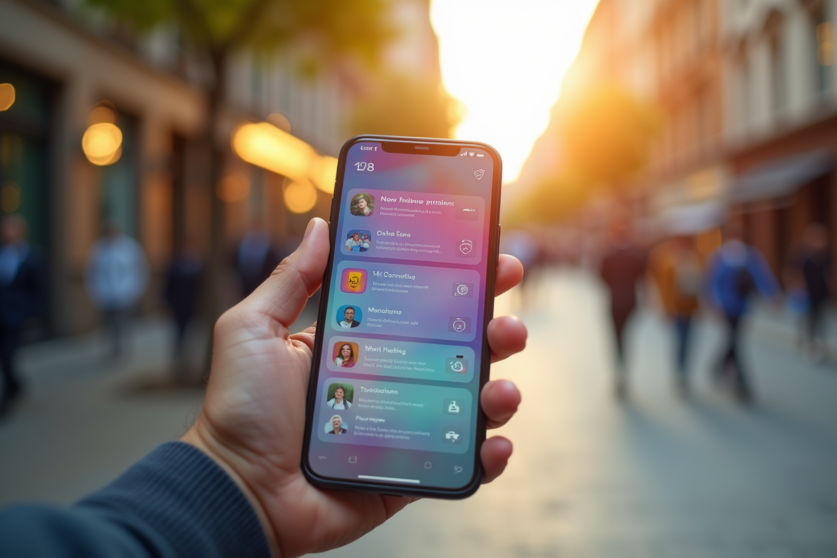 Smartphone affichant une campagne marketing sur les réseaux sociaux en extérieur