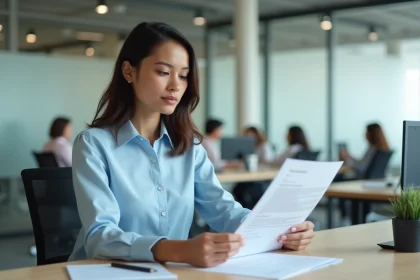 Jeune stagiaire en entreprise examinant une convention de stage en 2026 dans un bureau moderne