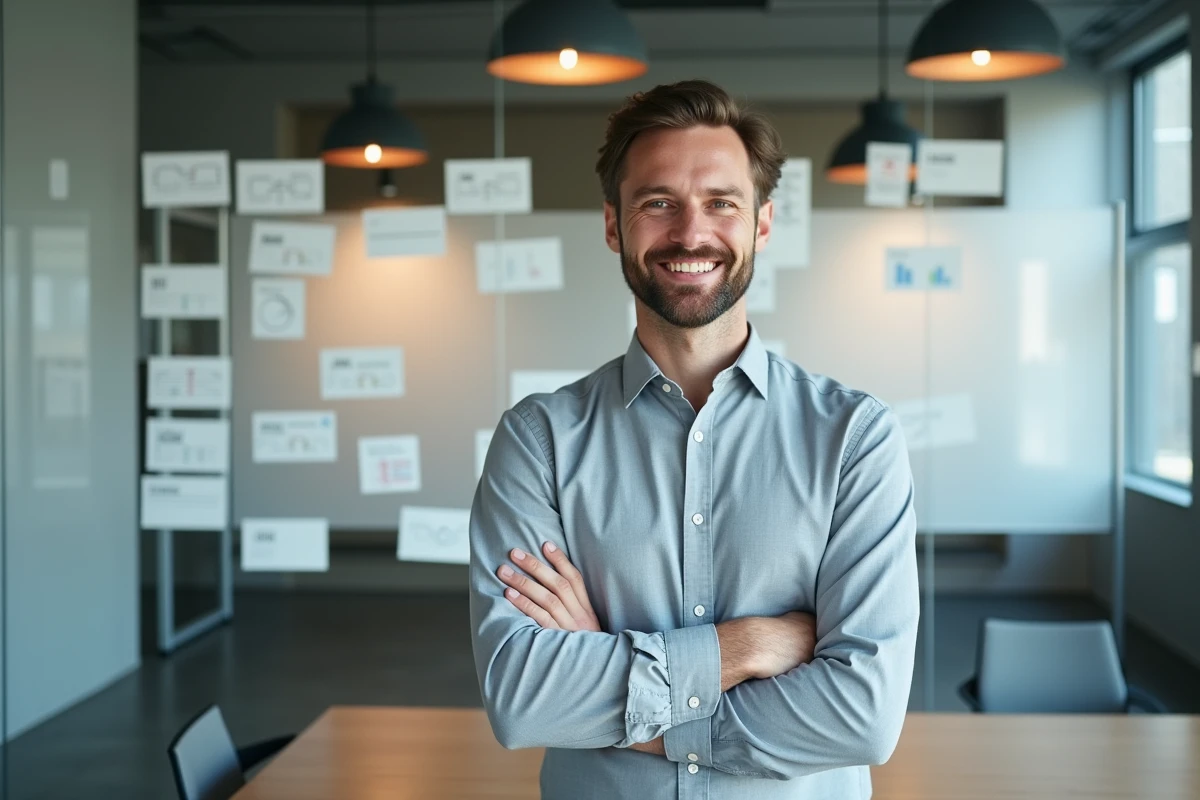 Professionnel du numérique présentant une stratégie digitale sur un mur de post-its et de wireframes dans un espace collaboratif