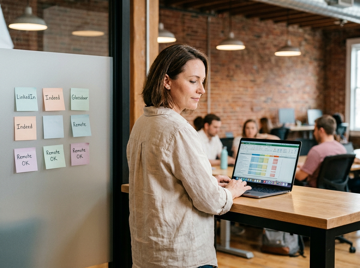 Femme organisant le suivi de ses candidatures sur plusieurs sites d'emploi avec des notes et un tableau dans un espace de coworking