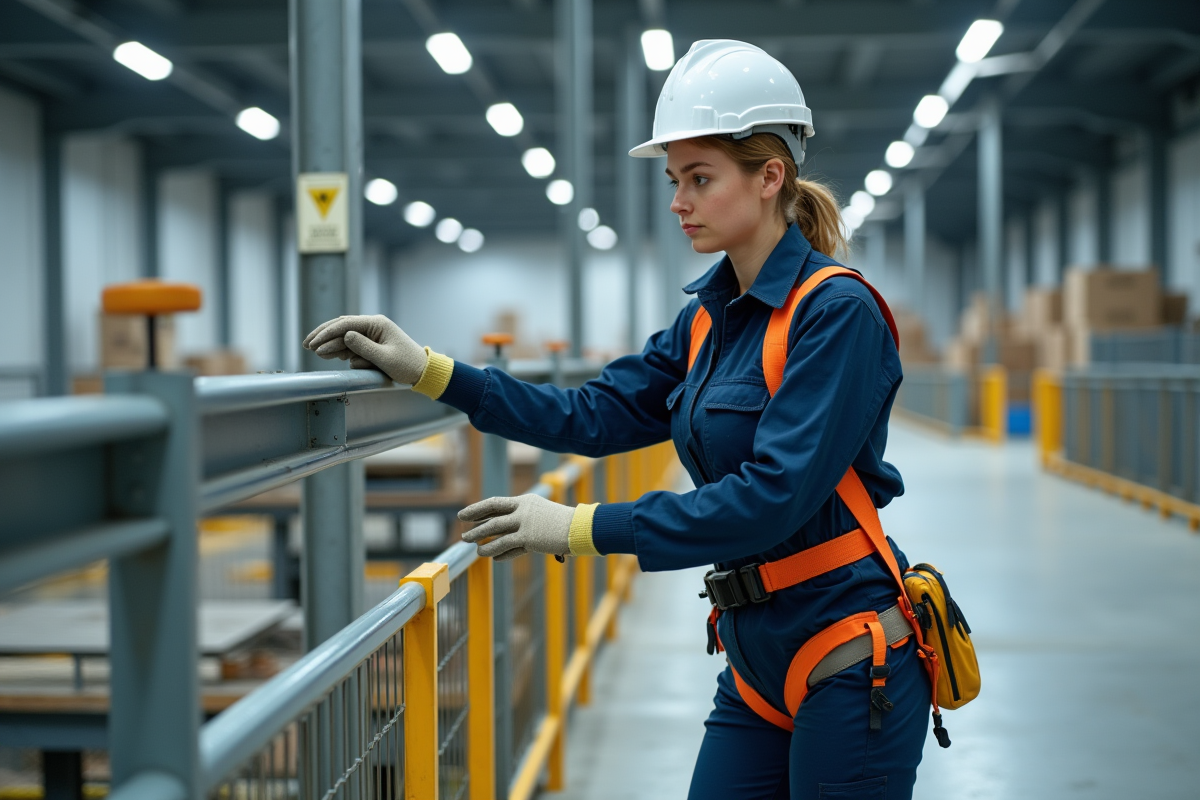 Superviseure de chantier ajustant une protection de mezzanine