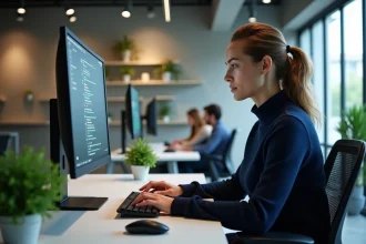 Chargée de support SaaS répondant à un client via une interface de chat en direct dans un bureau moderne