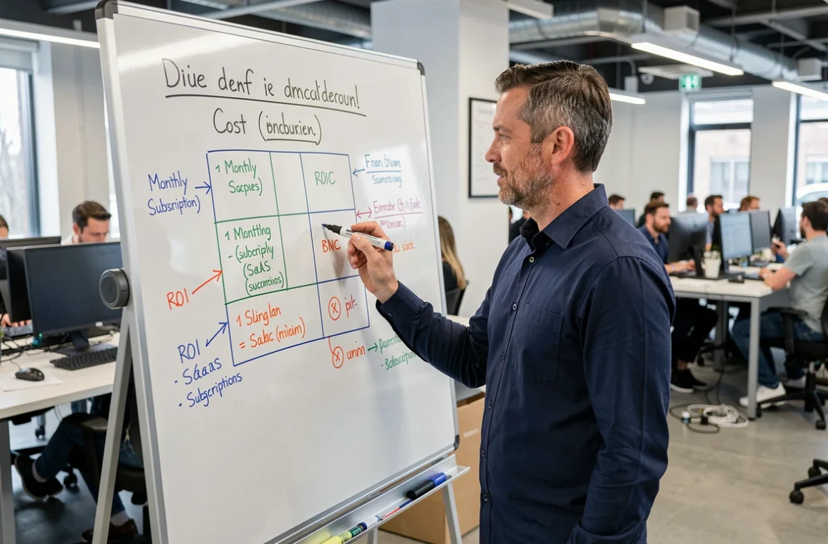 Homme inscrivant un tableau comparatif de coûts d'abonnements SaaS sur un tableau blanc dans un espace de coworking