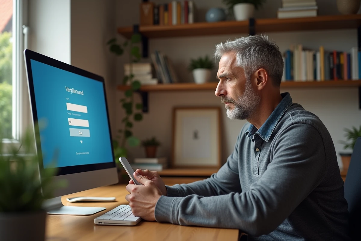 Homme en télétravail consultant son smartphone face à une page de connexion CSE Altran sur son écran d'ordinateur à domicile