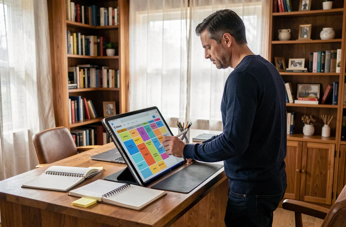 Un homme en télétravail compare un tableau kanban numérique avec un agenda papier classique sur son bureau
