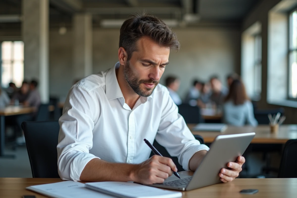 Chef de TPE comparant les prix d'outils marketing IA dans un espace de coworking moderne
