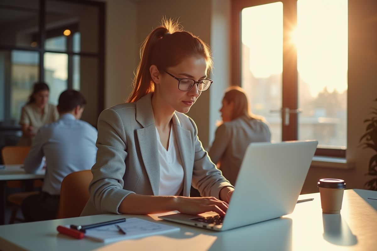 Professionnel concentré utilisant un ordinateur portable dans un espace de coworking lumineux