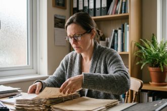 Femme qui trie des dossiers papier dans un bureau à domicile pour archivage ou destruction