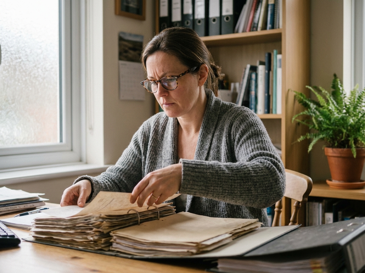 Femme qui trie des dossiers papier dans un bureau à domicile pour archivage ou destruction