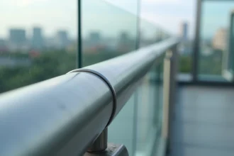 Détail de tube inox brossé pour garde-corps sur une terrasse urbaine moderne, montrant les assemblages et le profil cylindrique précis