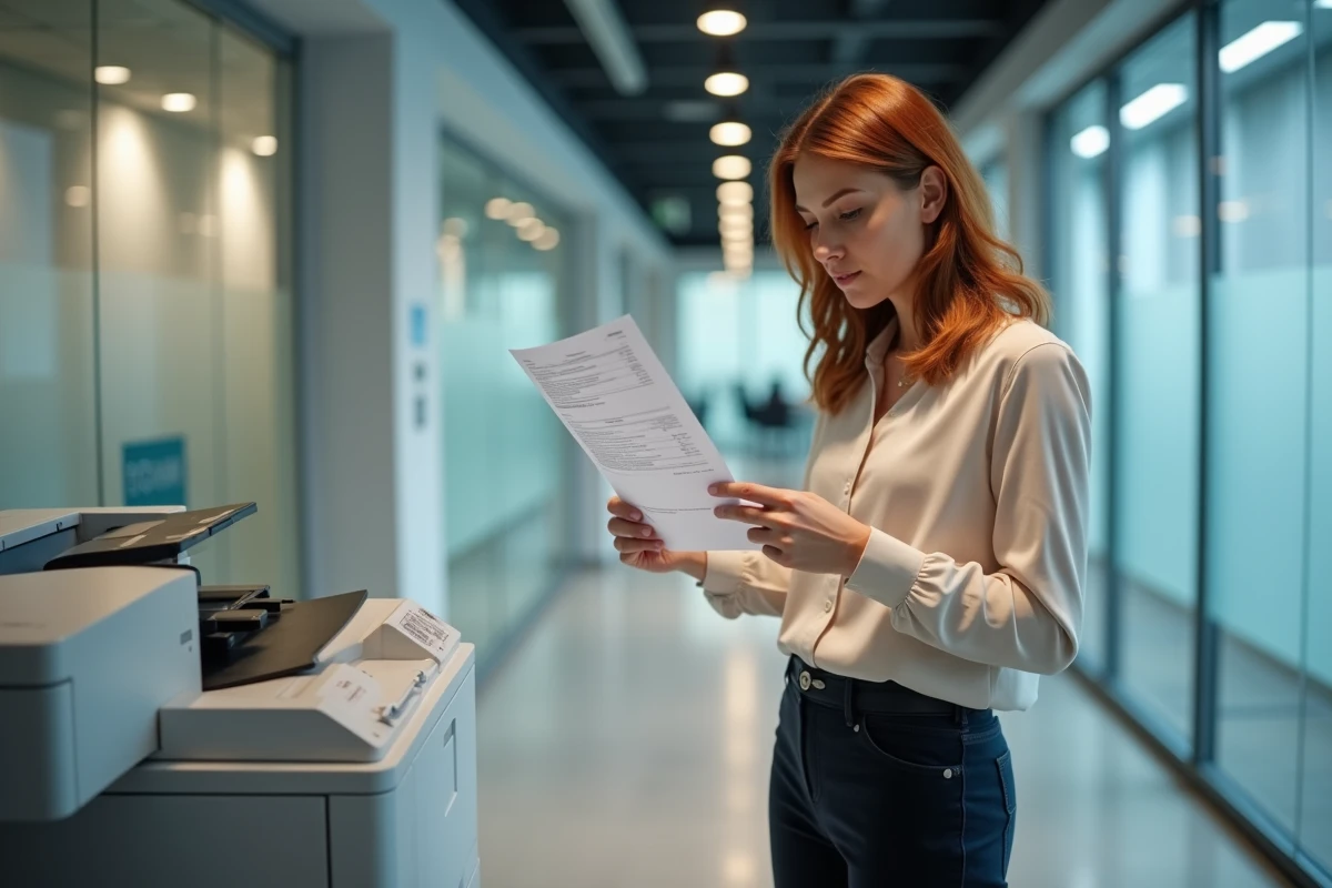 Jeune employée vérifiant un document imprimé contenant ses informations d'accès au comité social et économique Altran dans un couloir de bureau moderne