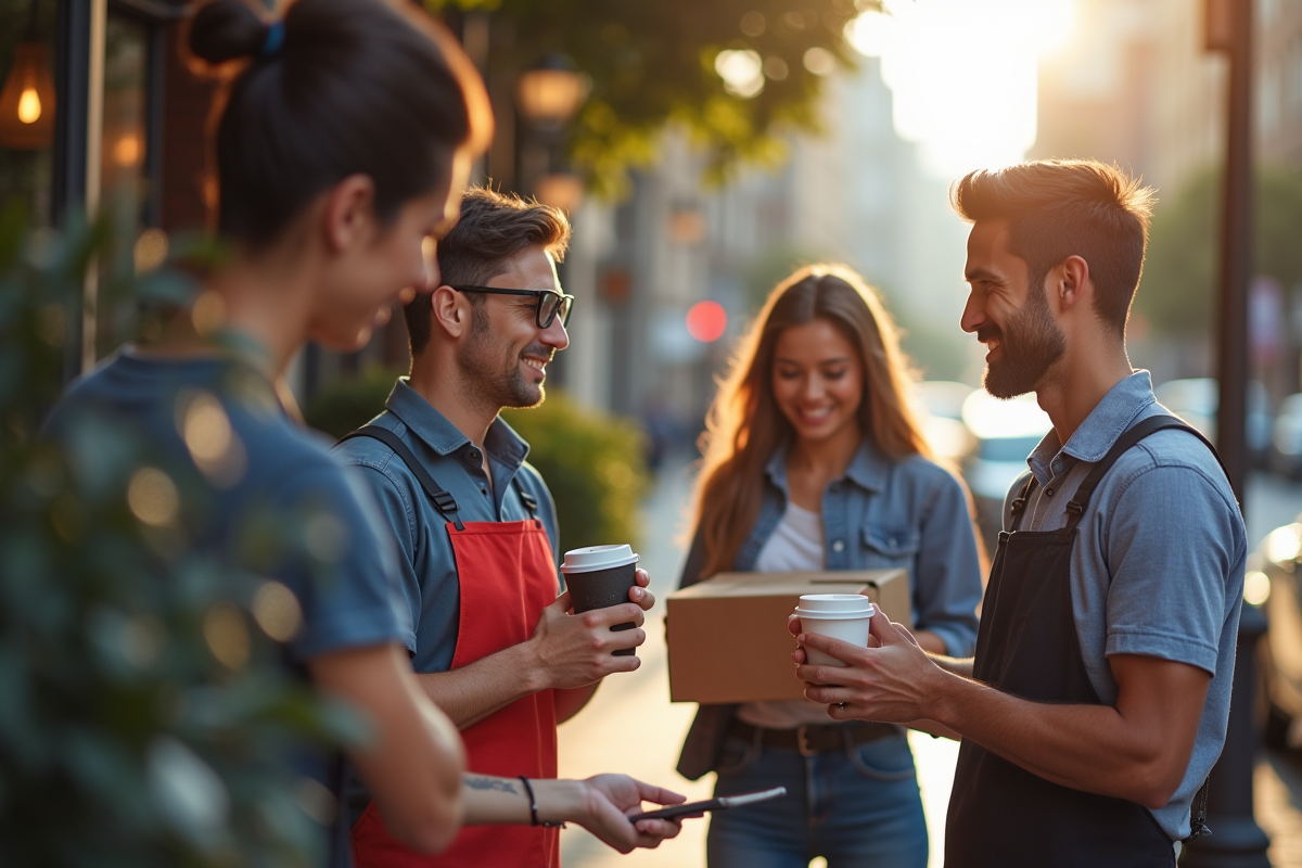 Vitrine de services en ville avec clients et prestataires