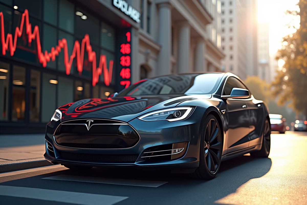 Voiture Tesla devant la bourse avec ticker en baisse