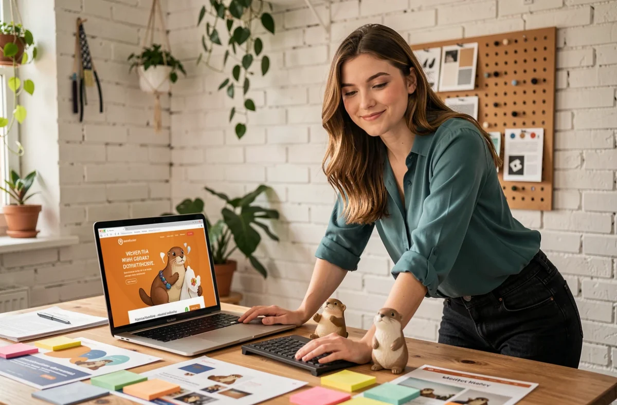 Designer de l'agence Web Otter entourée de maquettes et d'éléments de branding créatif