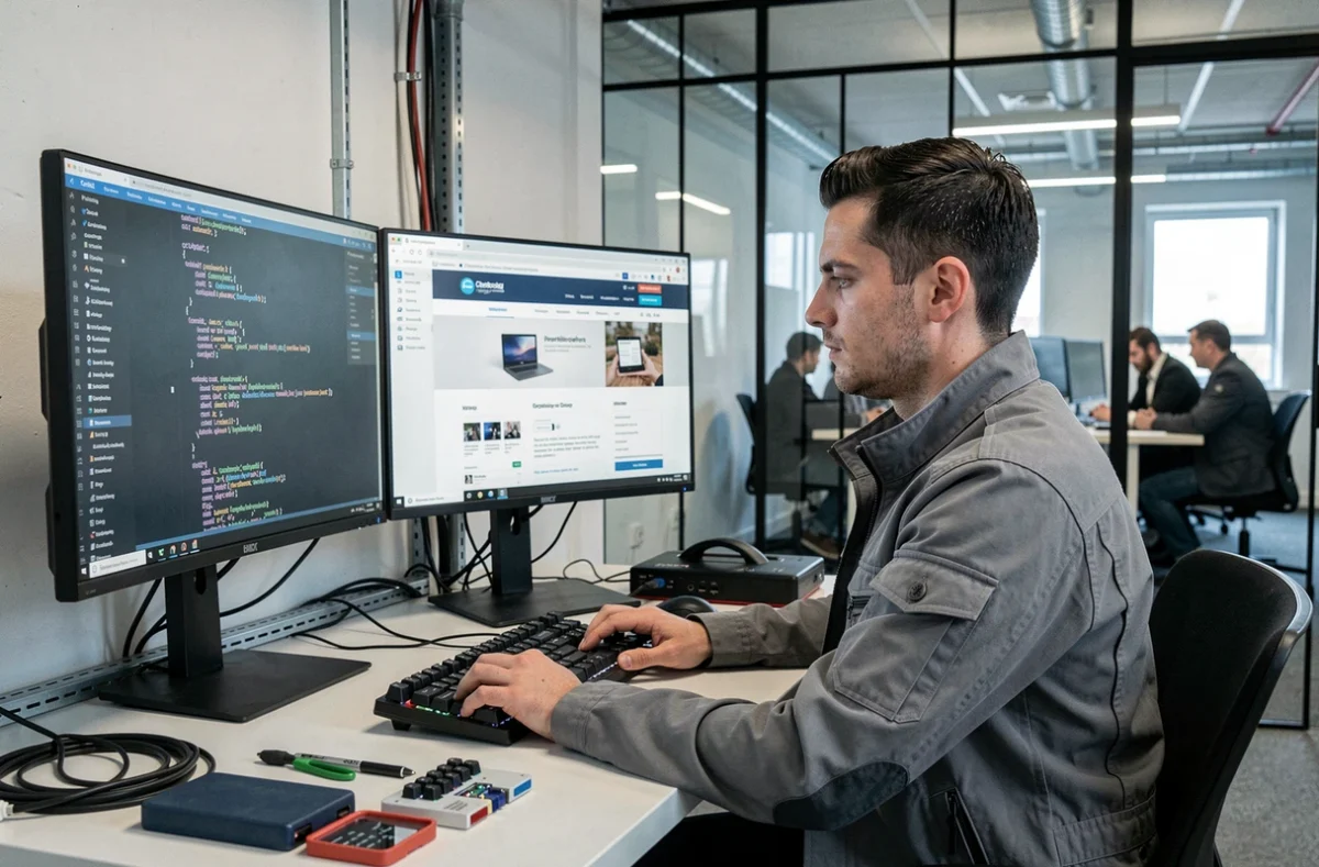 Intégrateur web de WebCom.Me à Cherbourg-en-Cotentin développant un site avec du code HTML et CSS visible à l'écran